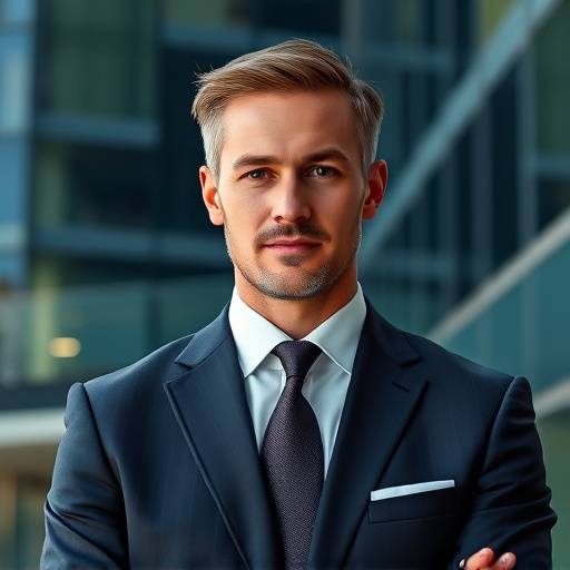 Portrait d'un homme d'affaires en costume devant un bâtiment moderne