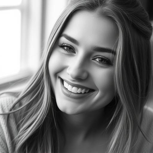 Portrait en noir et blanc d'une jeune femme souriante