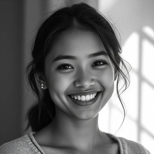 Portrait en noir et blanc d'une jeune femme souriante avec une lumière douce et naturelle.