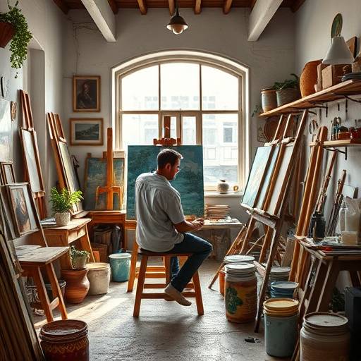 Un portrait d'un artiste peintre dans son atelier, entouré de ses œuvres et de ses outils.