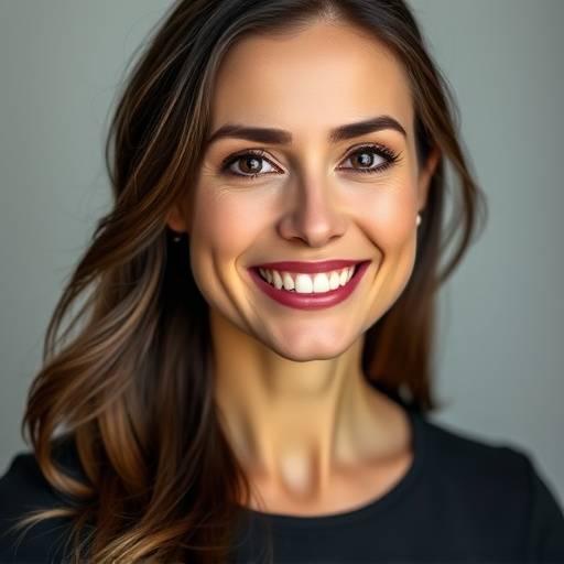 Un portrait professionnel d'une femme souriante en studio, lumière douce et naturelle